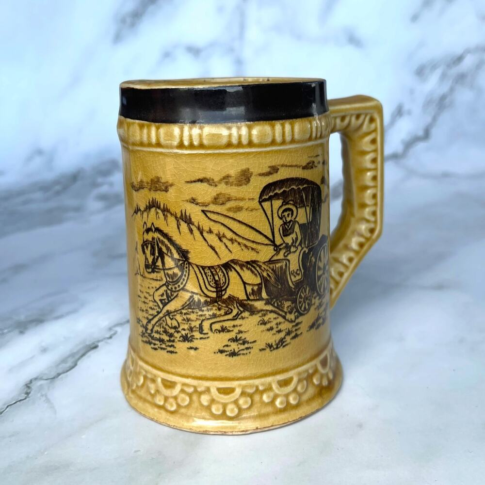 Vintage Made in Japan Western Stagecoach Horse Ceramic Mug Beer Stein 1970s